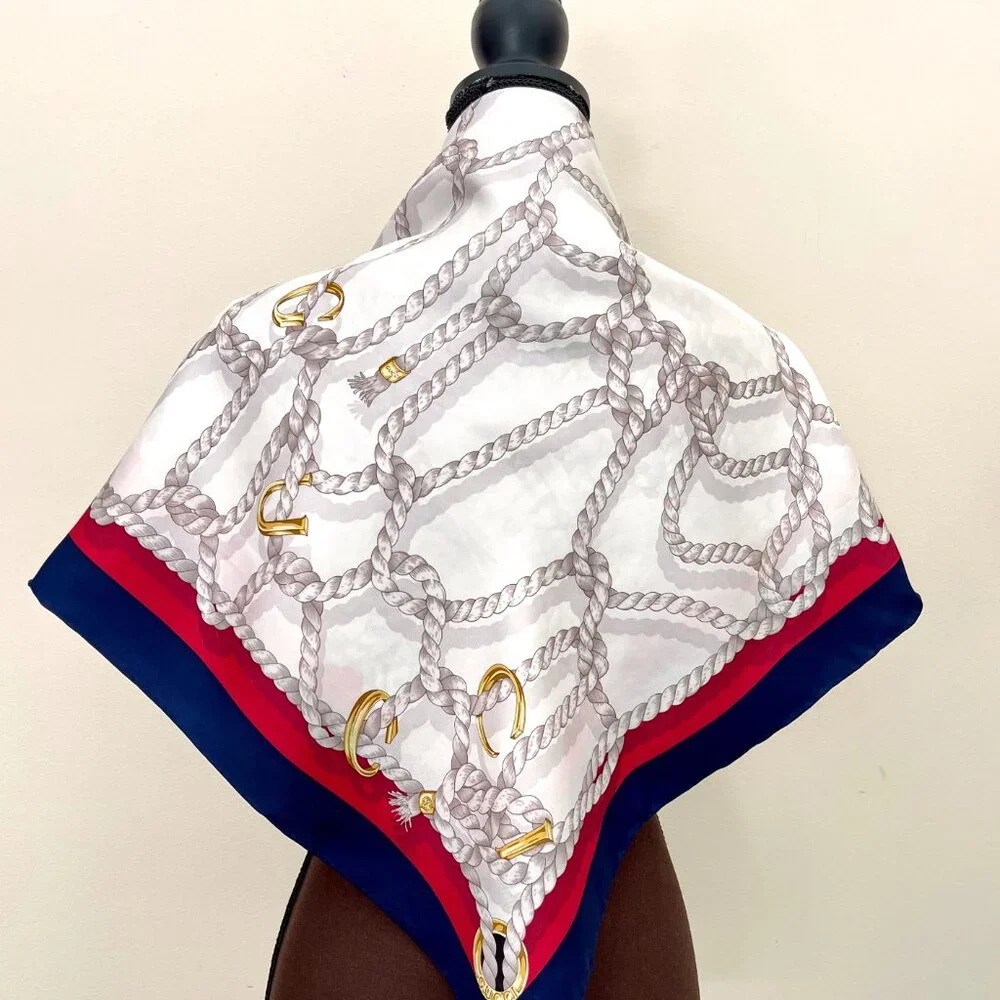 New Gucci Scarf GG Logo Ropes Print Nautical Style Silk Wrap